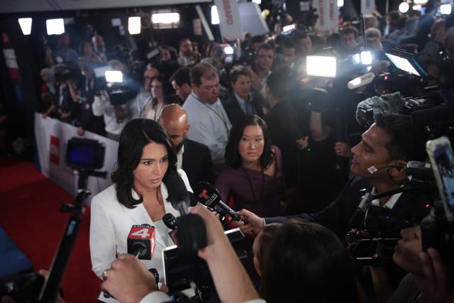 Tulsi Gabbard talks to reporters after the second Democratic debate in Detroit