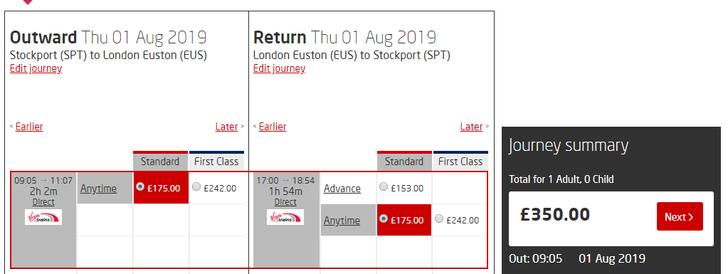 Virgin Trains return tickets between Stockport and London can cost £350