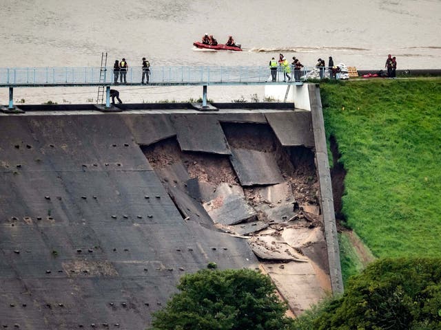 Toddbrook Reservoir near the village of Whaley Bridge, Derbyshire, after it was damaged in heavy rainfall