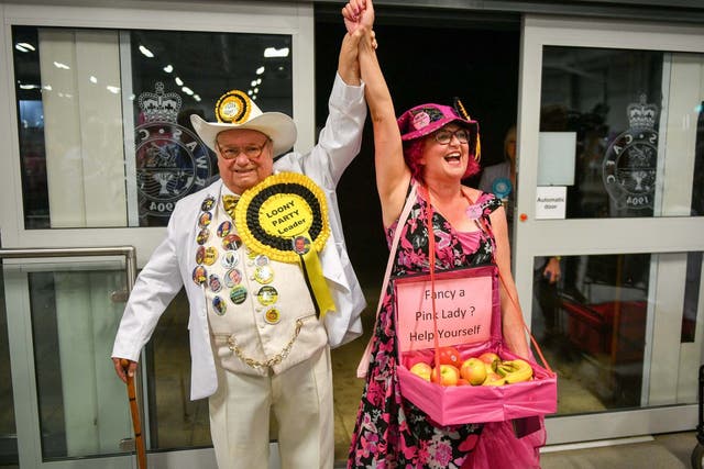 Leader of the Official Monster Raving Loony Party Alun ‘Howling Laud’ Hope with candidate Lady Lily The Pink
