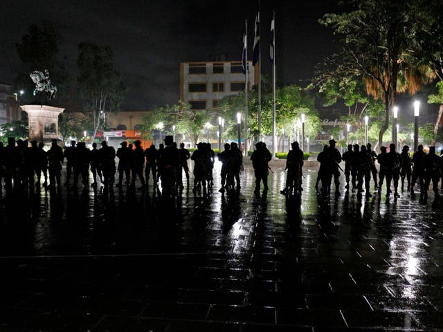 Salvadoran armed forces soldiers stand in formation in downtown San Salvador last month, during the launch of a new security plan pushed by President Nayib Bukele