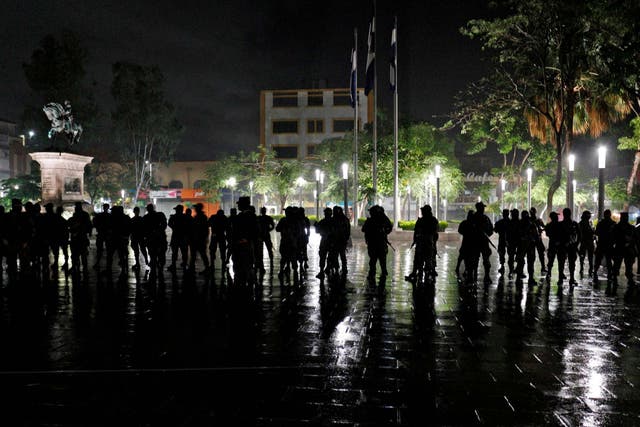 Salvadoran armed forces soldiers stand in formation in downtown San Salvador last month, during the launch of a new security plan pushed by President Nayib Bukele