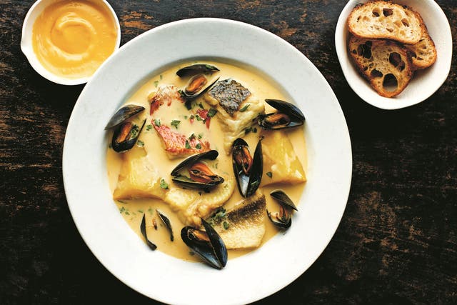 A cousin of bouillabaisse, bourride is a rich, saffron-spiked fish stew thickened with aïoli