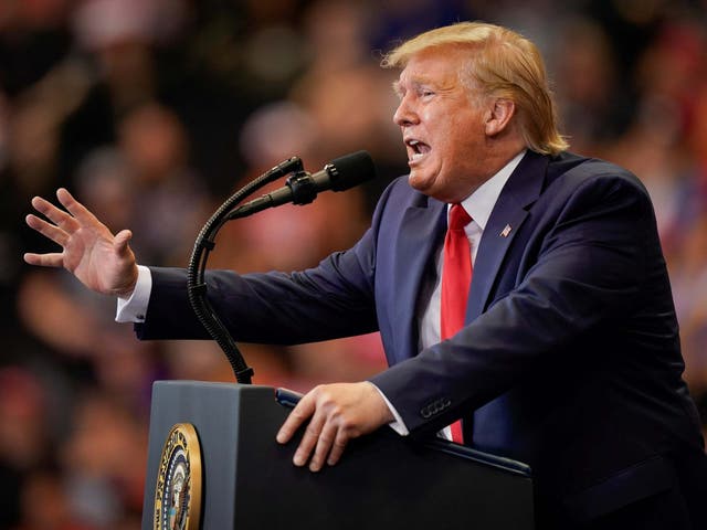 Donald Trump speaks during a campaign rally in Cincinnati, Ohio