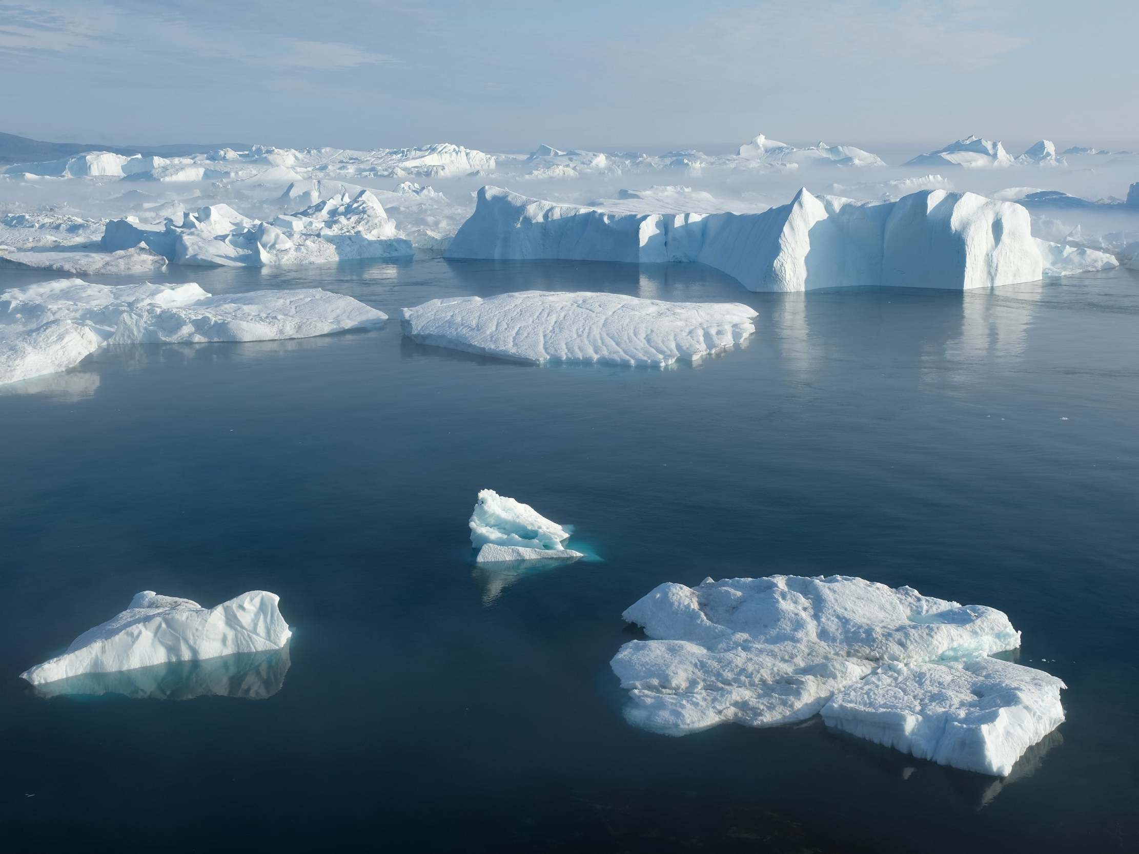 Icebergs float in the Ilulissat Icefjord during a week of unseasonably warm weather on 3 August 2019