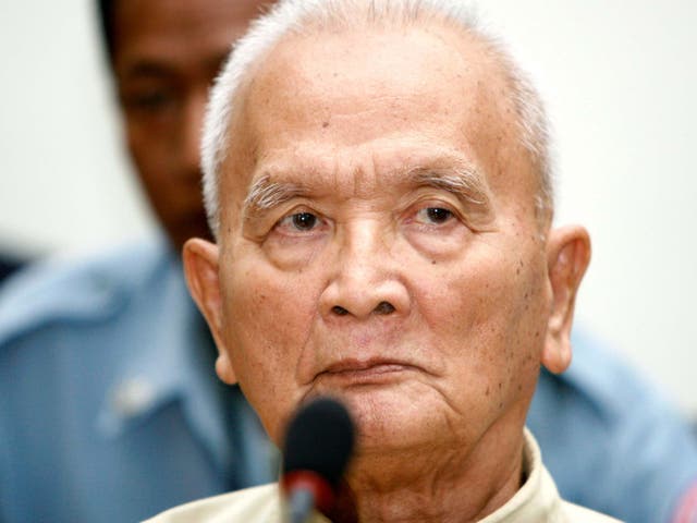 Former Khmer Rouge's chief ideologist and No 2 leader, Nuon Chea, sits in the court hall before the final statements at the UN-backed war crimes tribunal