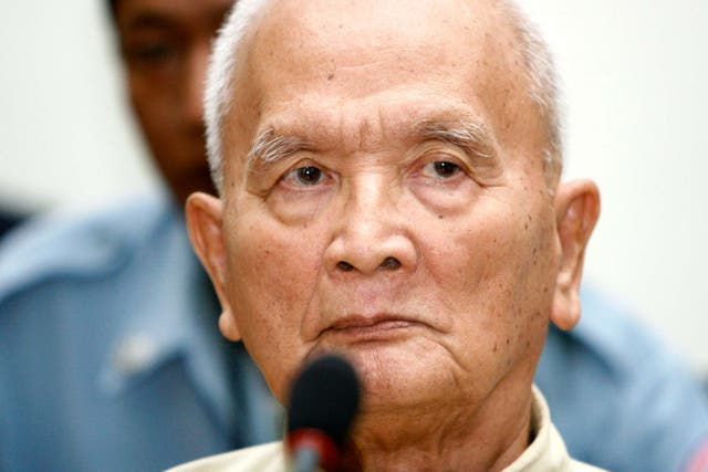 Former Khmer Rouge's chief ideologist and No 2 leader, Nuon Chea, sits in the court hall before the final statements at the UN-backed war crimes tribunal