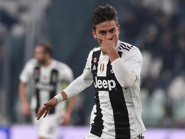 Juventus forward Paulo Dybala celebrates scoring against Frosinone