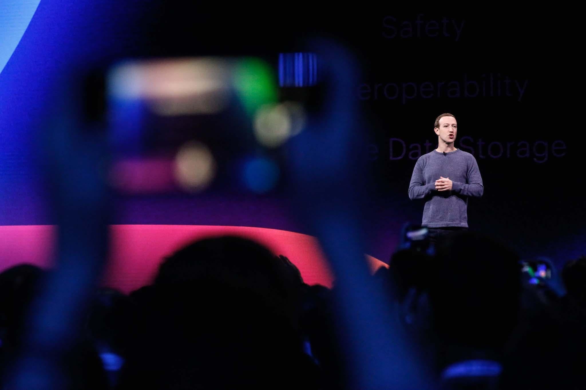 Facebook CEO Mark Zuckerberg delivers the opening keynote introducing new Facebook, Messenger, WhatsApp, and Instagram privacy features at the Facebook F8 Conference at McEnery Convention Center in San Jose, California