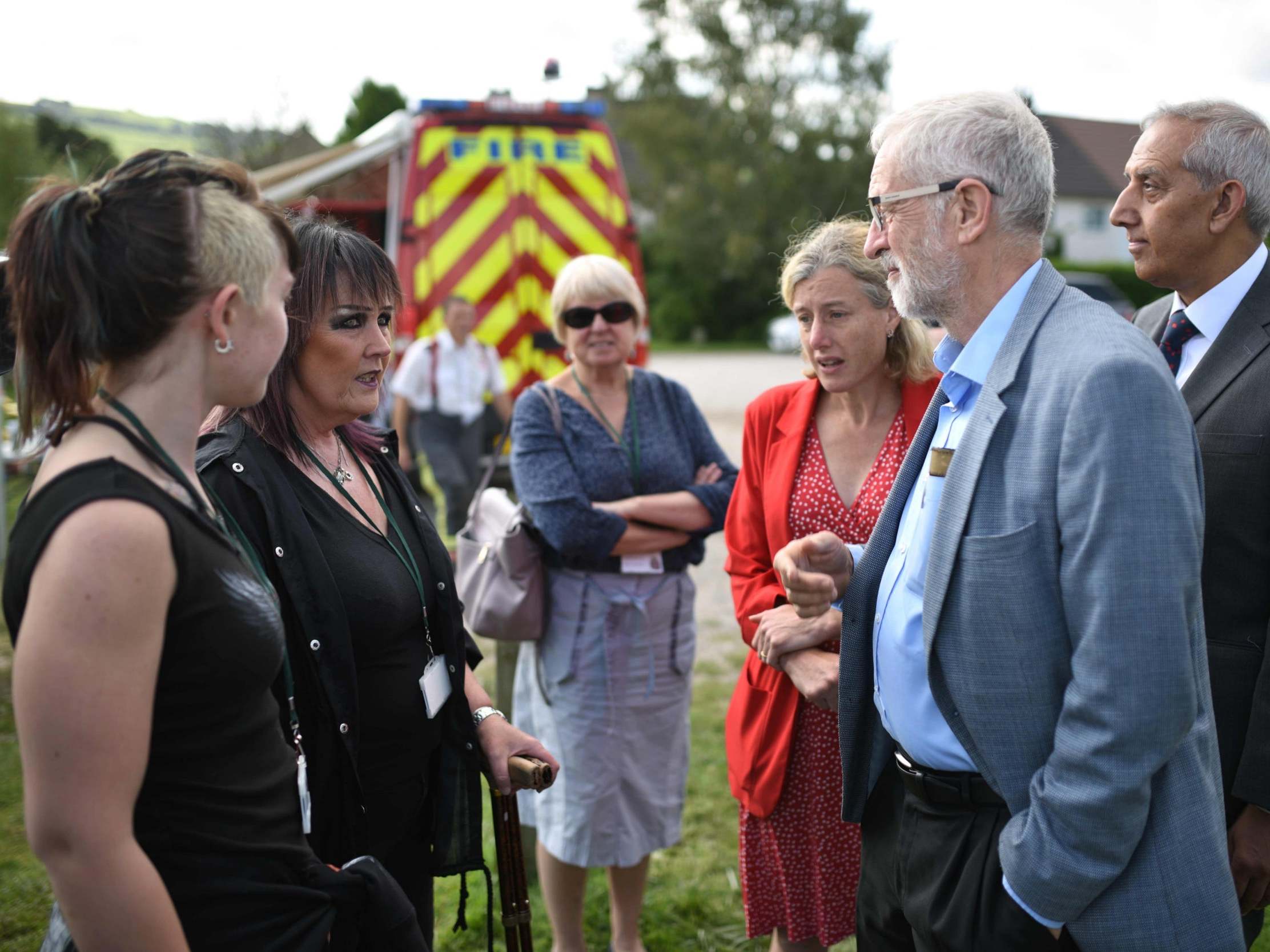 Jeremy Corbyn meets residents of flood-threatened Whaley Bridge yesterday