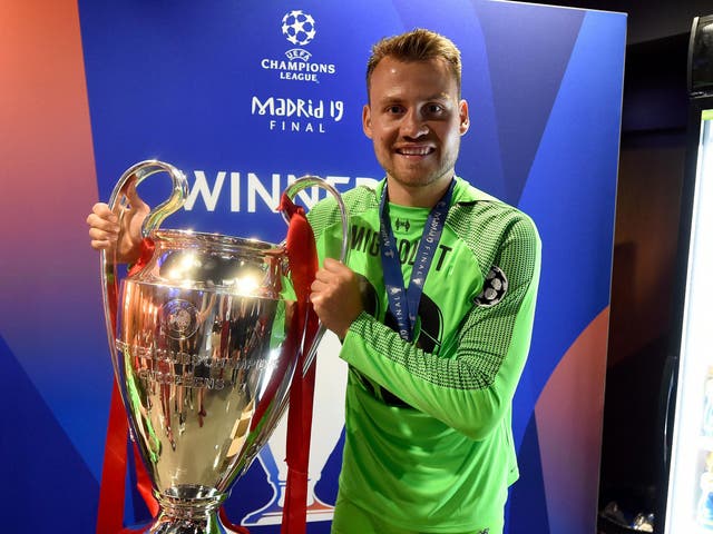 Outgoing Liverpool goalkeeper Simon Mignolet with the Champions League trophy