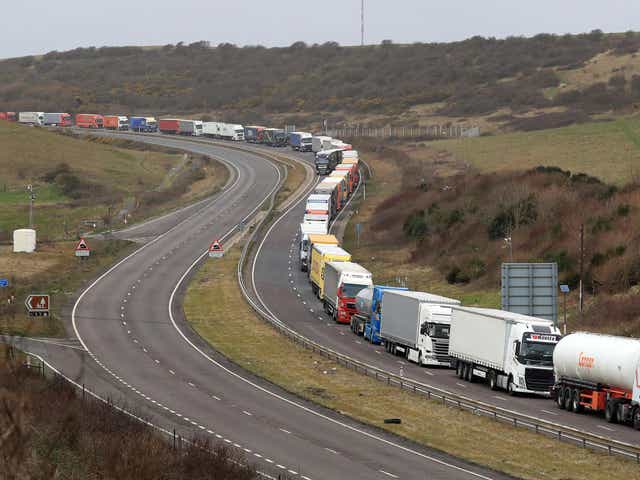 File: lorries queue at the entrance to the Port of Dover in Kent