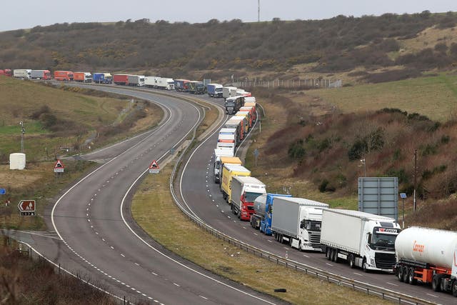 File: lorries queue at the entrance to the Port of Dover in Kent