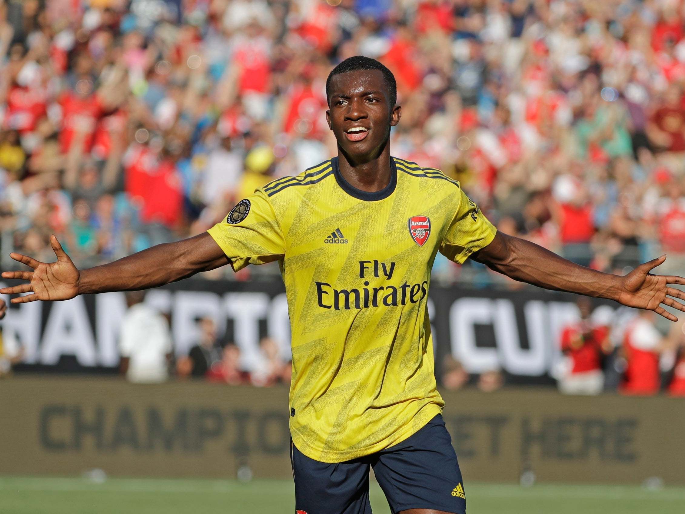 Arsenal’s Eddie Nketiah celebrates after scoring a goal