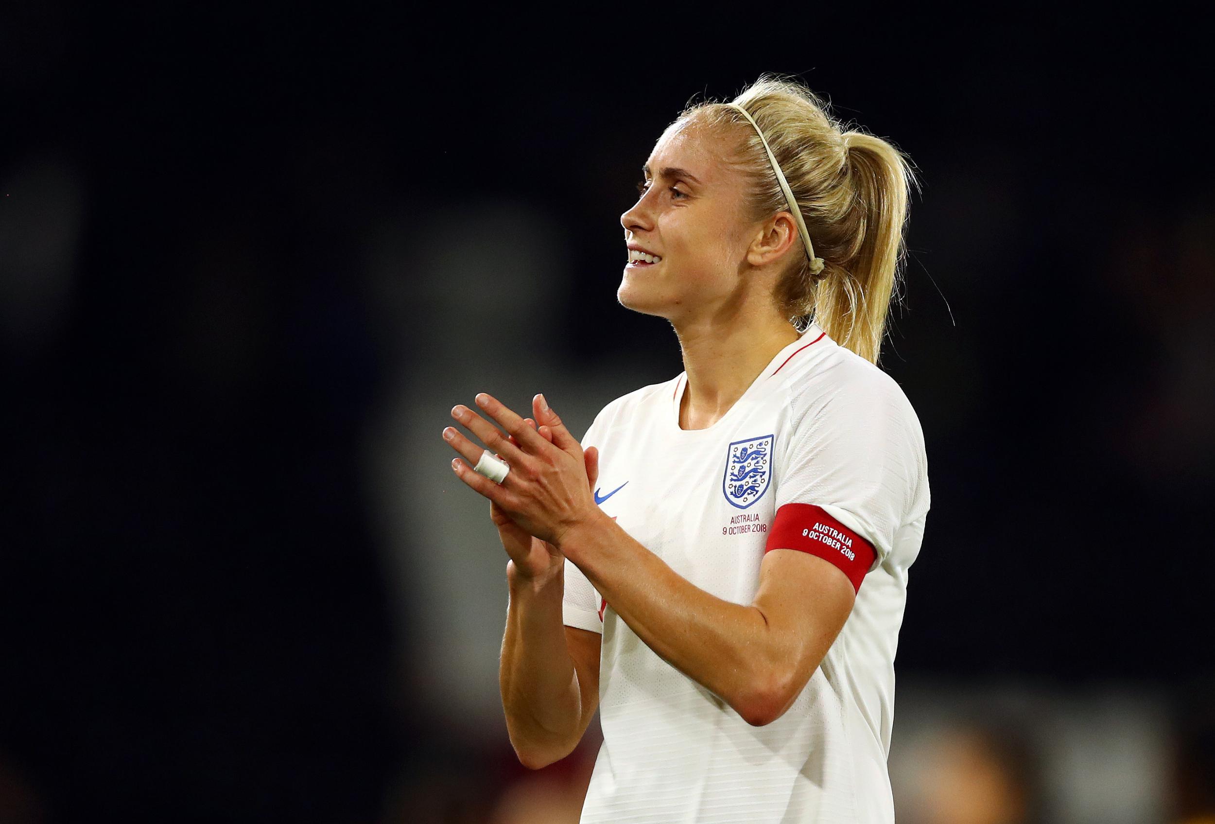 Steph Houghton of England Women shows appreciation to the fans after the International Friendly match between England Women and Australia at Craven Cottage on October 9, 2018 in London, England