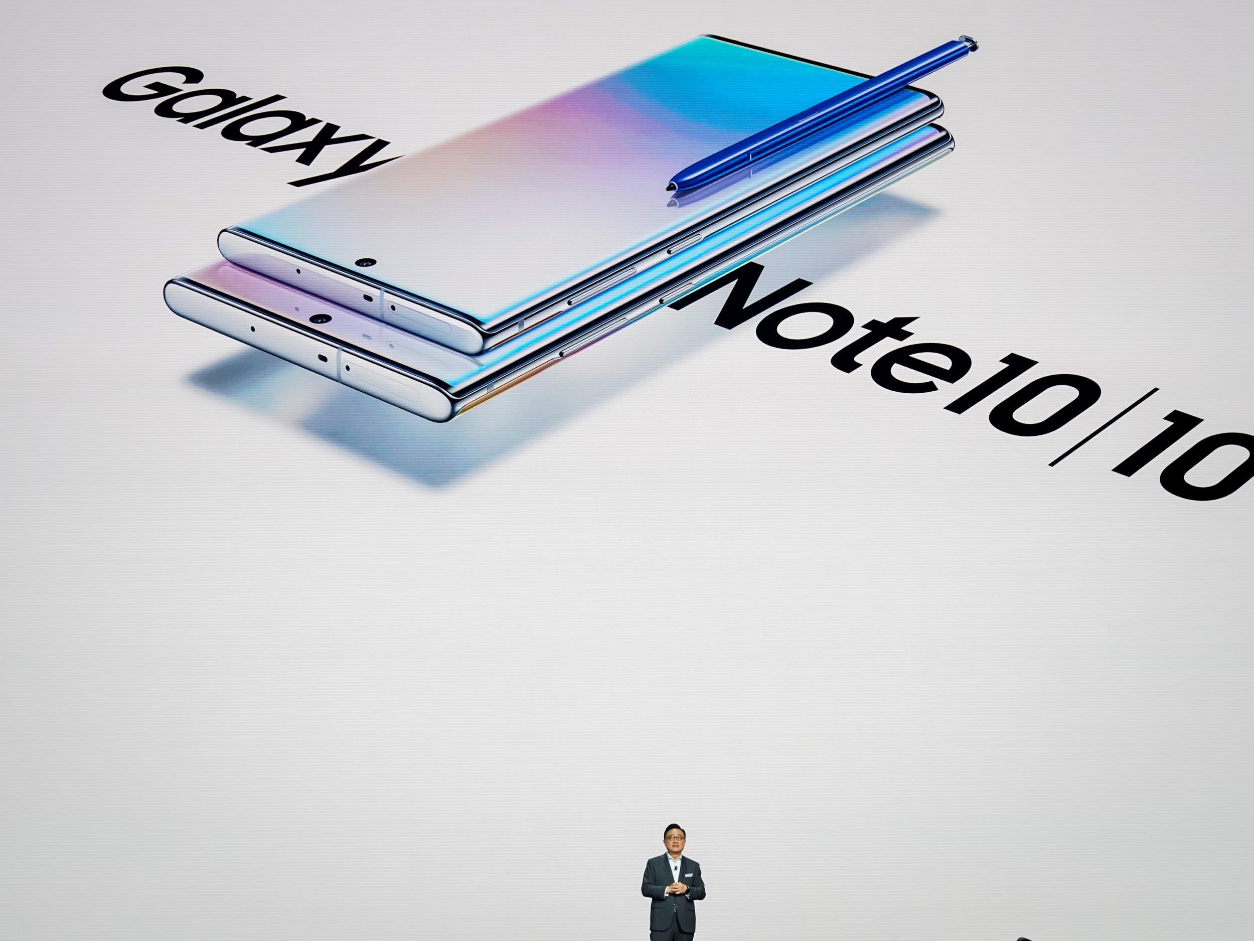 DJ Koh, president and CEO of Samsung Electronics, presents the Galaxy Note 10 smartphone during a launch event at Barclays Center on 7 August, 2019 in New York