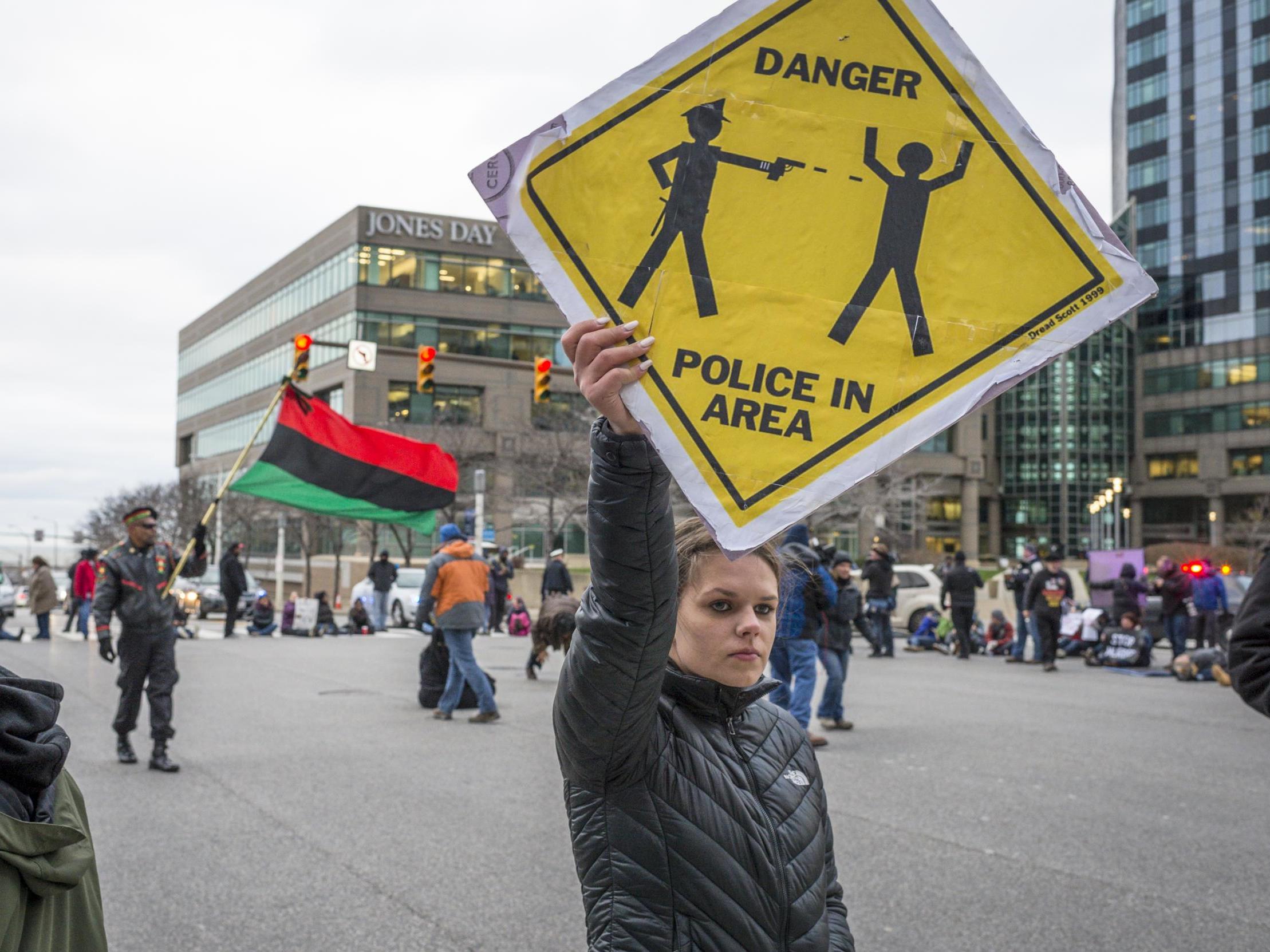 Protesters on the street the day after a grand jury declined to indict Cleveland Police officer Timothy Loehmann for the fatal shooting of Tamir Rice on 22 November 2014.