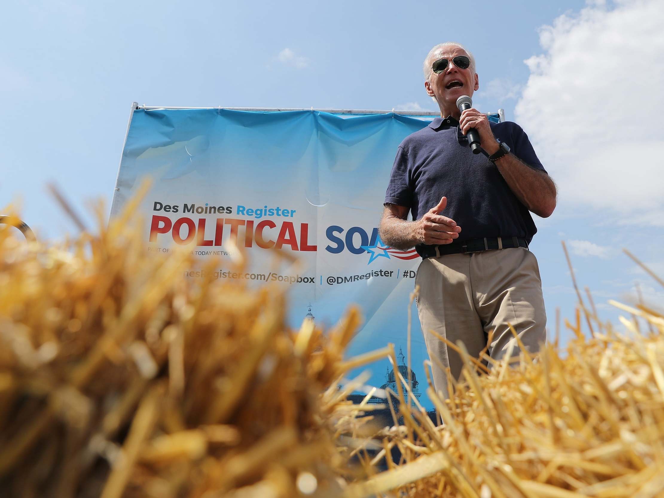 Joe Biden delivers a 20-minute campaign speech at the Des Moines Register Political Soapbox at the Iowa State Fair on Thursday