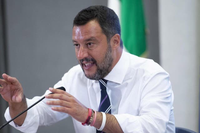 Italian deputy Premier and Interior Minister Matteo Salvini talks to journalists after meeitng with Entrepreneurs and Labor Unions representatives at the Viminale, the Interior Ministry building, in Rome, on Tuesday 6 August 2019