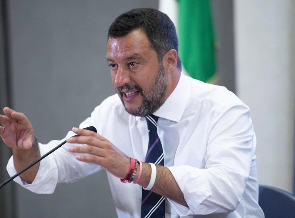 Italian deputy premier and interior minister Matteo Salvini talks to journalists at the Viminale Palace in Rome