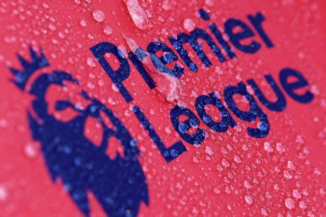 Raindrops are seen on a Premier League logo