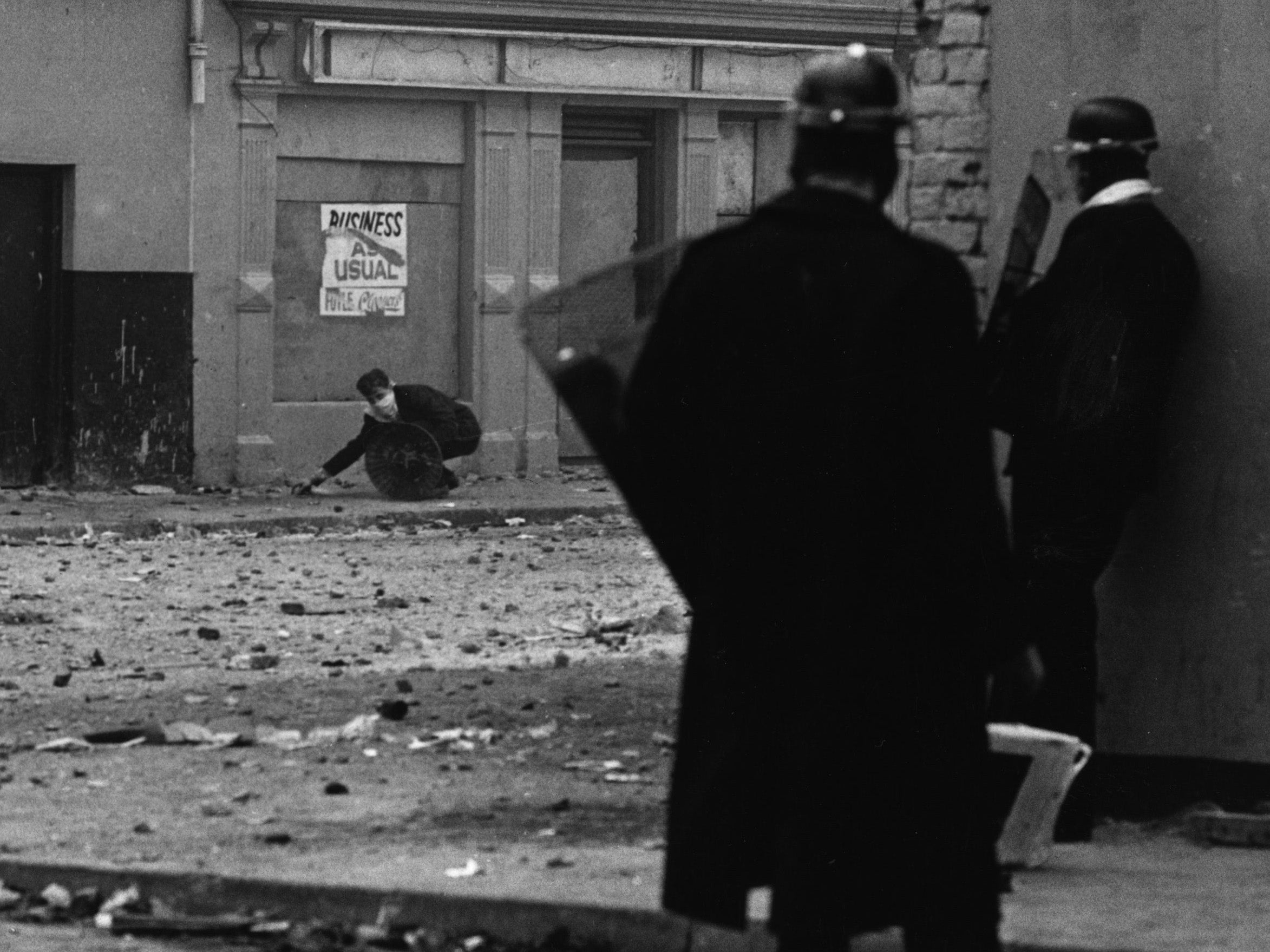 Riot police on the streets of Derry during a civil rights demonstration in the Bogside in 1969