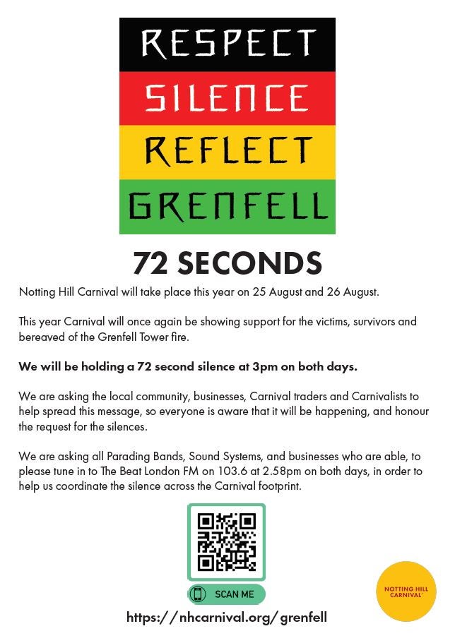 The poster being distributed with regards to the 72-second silence in dedication to the Grenfell victims