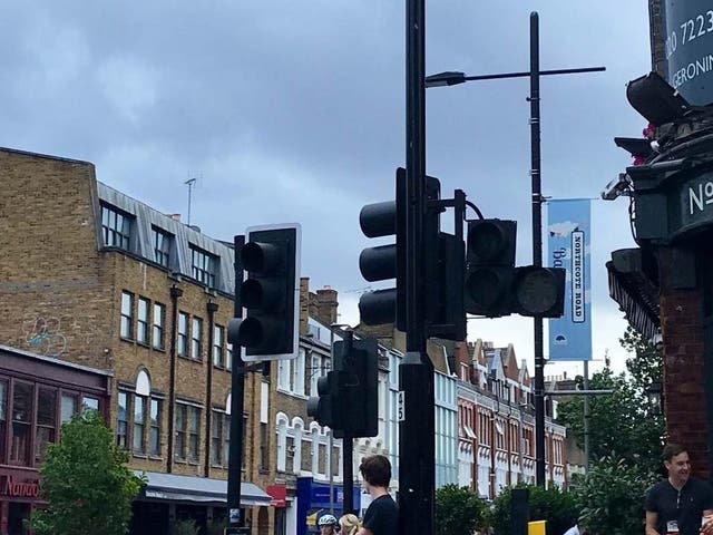 Traffic lights on Northcote Road, near Clapham Junction, in London, shut down by a large scale power cut 9 August 2019.