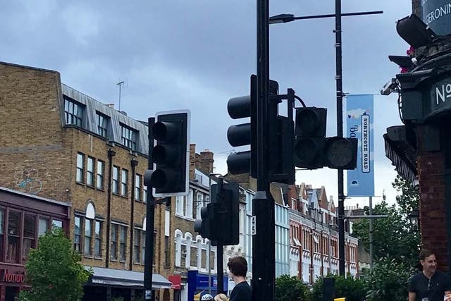 Traffic lights on Northcote Road, near Clapham Junction, in London, shut down by a large scale power cut 9 August 2019.