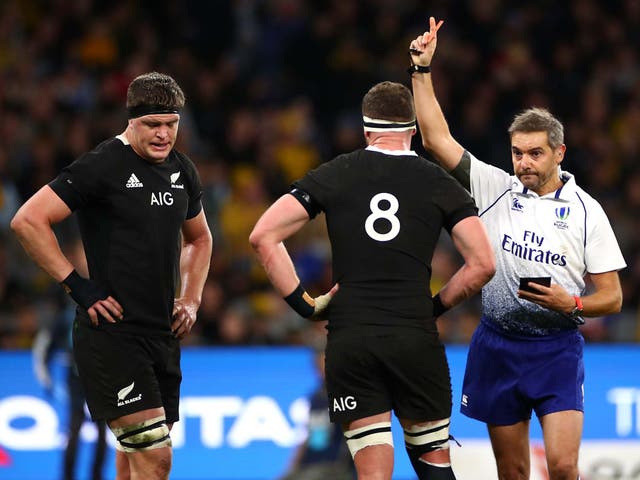 Scott Barrett was sent-off for a shoulder charge to the head of Michael Hooper as Australia beat New Zealand