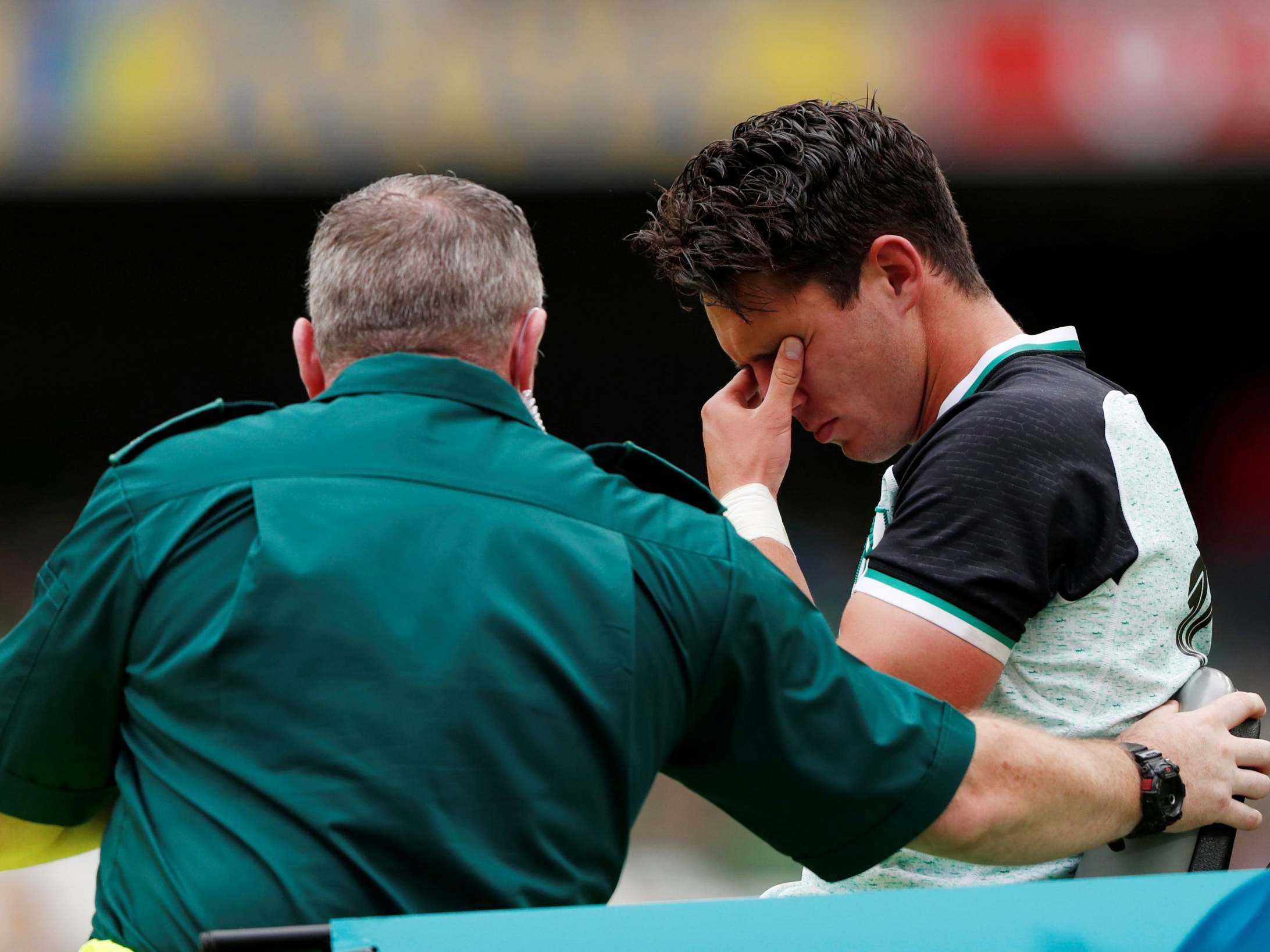 Joey Carbery leaves the Aviva stadium pitch on a cart after injuring his left ankle