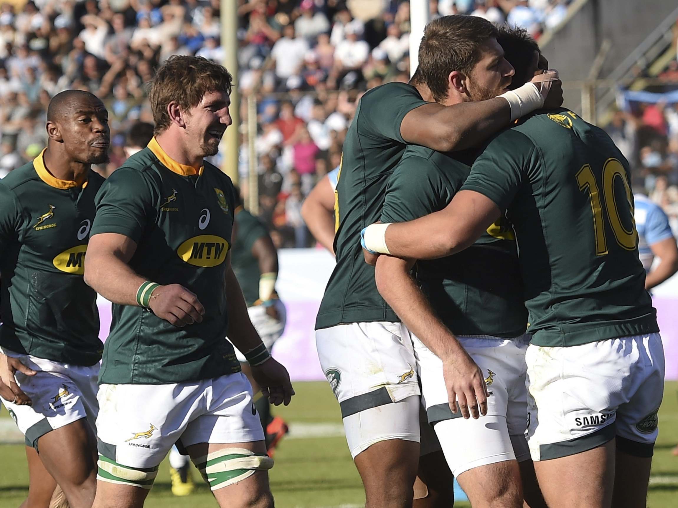 South Africa celebrate Handre Pollard's try