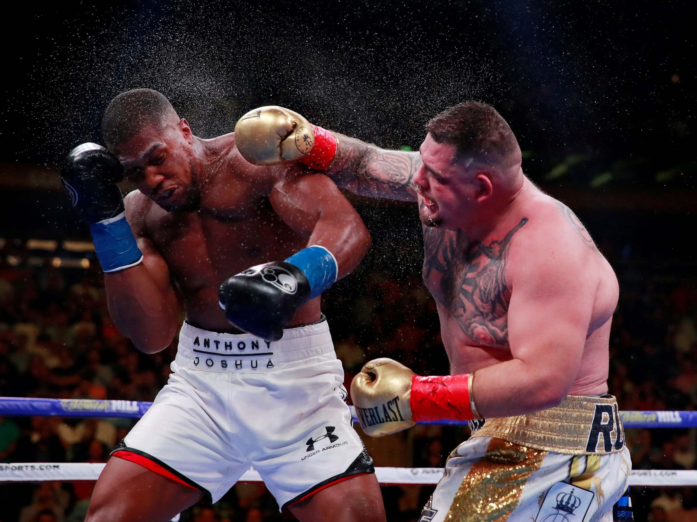 Ruiz Jr lands on Joshua on his way to his stunning victory