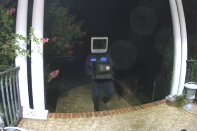 An apparent prankster wearing a jumpsuit and TV over his head left 60 sets at homes around Glen Allen, Virginia