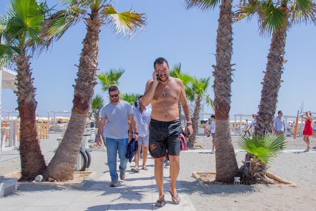 Italian Minister of Interior Matteo Salvini walks after his speech in Policoro, Potenza, Italy, during his beaches tour, 10 August 2019