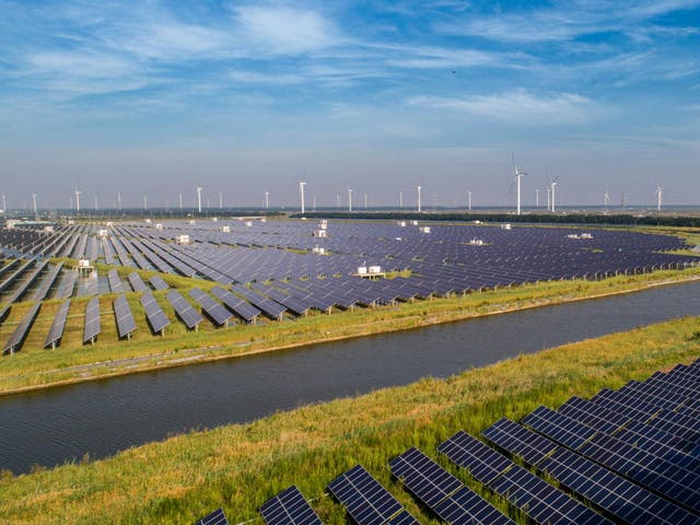 Pictured is an aerial view of solar panels in Hai'an, Jiangsu Province of China