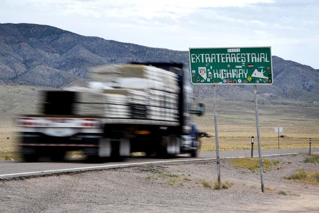 An Extraterrestrial Highway sign is posted along state route 375 on July 22, 2019 in Rachel, Nevada