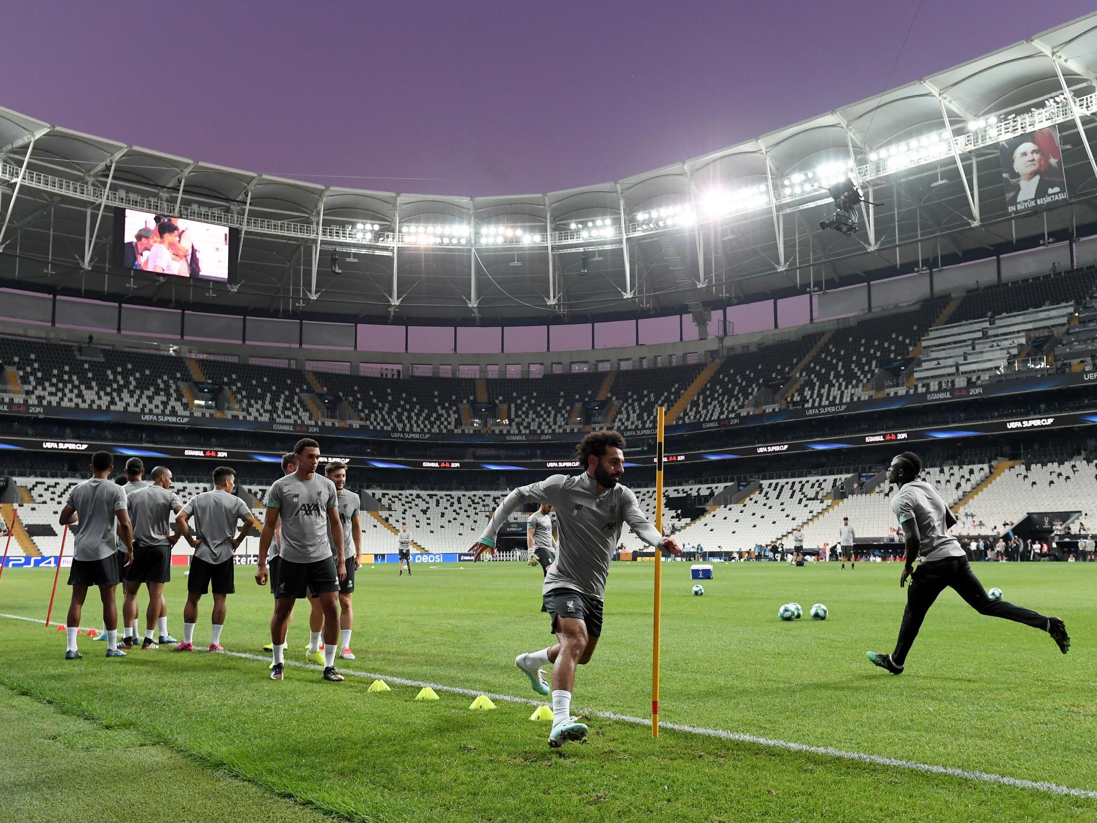 Liverpool in training ahead of tonight’s Super Cup final against Chelsea