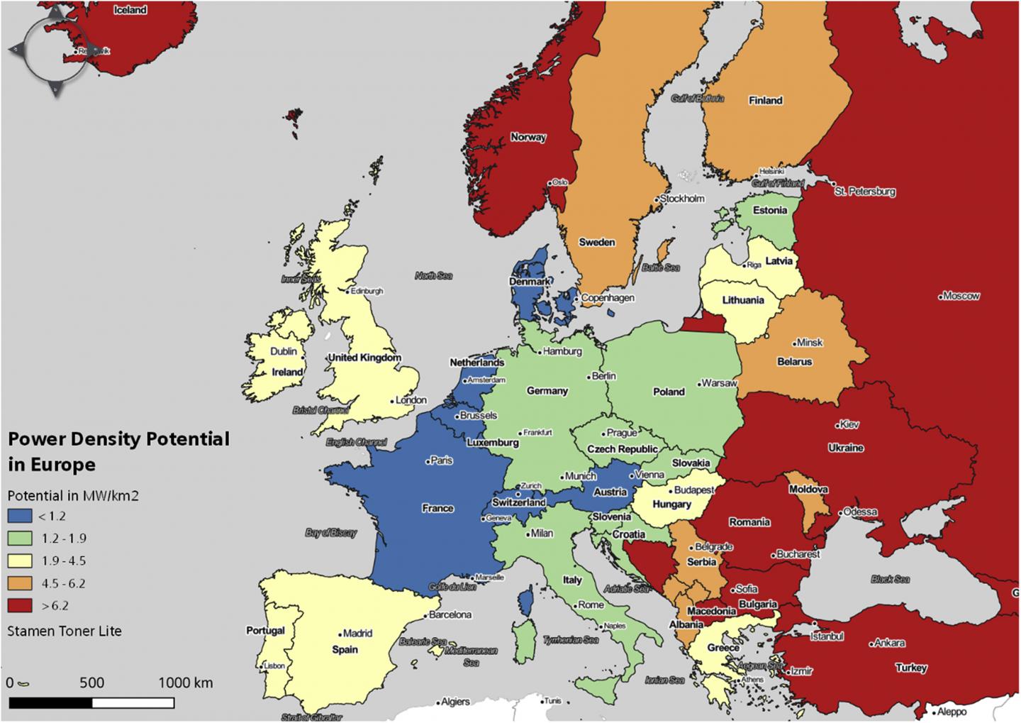 A map showing the power density potential for each European country