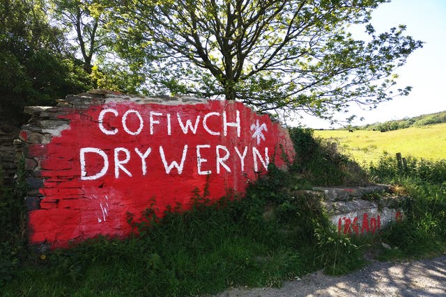 Graffiti near Aberystwyth that reads, in English, ‘Remember Tryweryn’ – where a village was sunk for English water