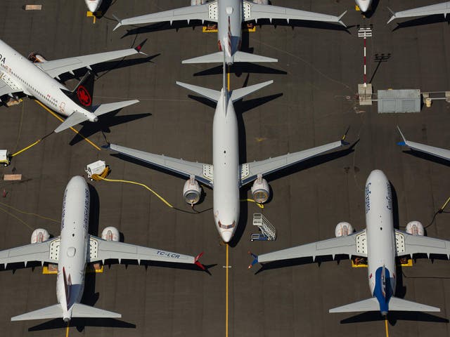 Boeing 737 Max planes are parked on Boeing property in Seattle in August