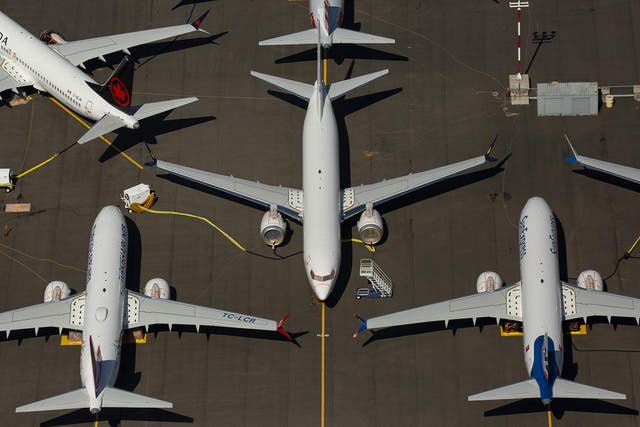 Boeing 737 Max planes are parked on Boeing property in Seattle in August