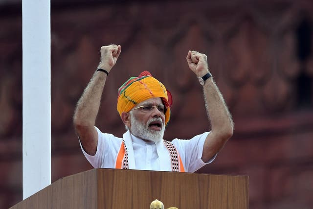 India's Narendra Modi delivers a speech to the nation during a ceremony to celebrate the country's Independence Day