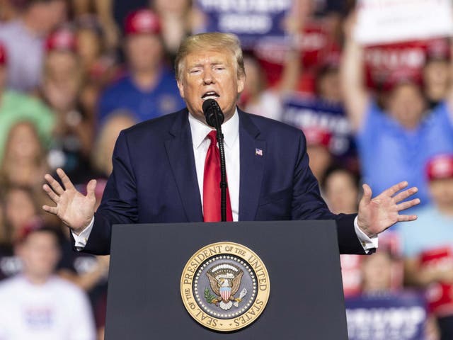 US president Donald Trump speaks during campaign MAGA rally at Southern New Hampshire University Arena in Manchester, New Hampshire, on 15 August 2019
