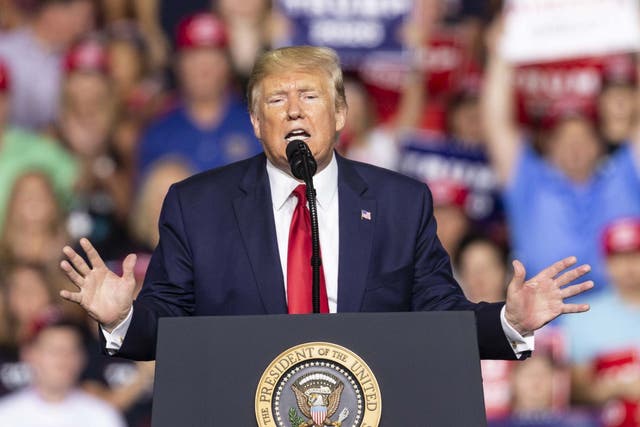 US president Donald Trump speaks during campaign MAGA rally at Southern New Hampshire University Arena in Manchester, New Hampshire, on 15 August 2019