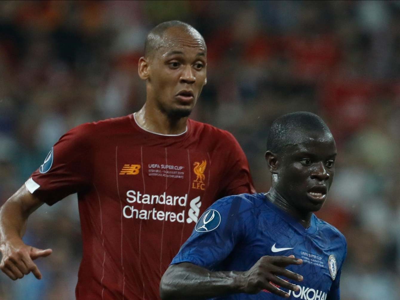 Fabinho tracks Kante during the Super Cup