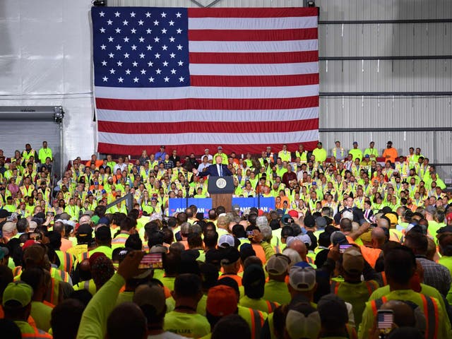 Donald Trump speaks at the Shell Pennsylvania Petrochemicals Complex in Monaca, Pennsylvania, on 13 August 2019.