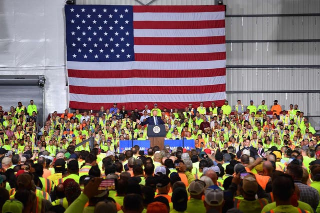 Donald Trump speaks at the Shell Pennsylvania Petrochemicals Complex in Monaca, Pennsylvania, on 13 August 2019.