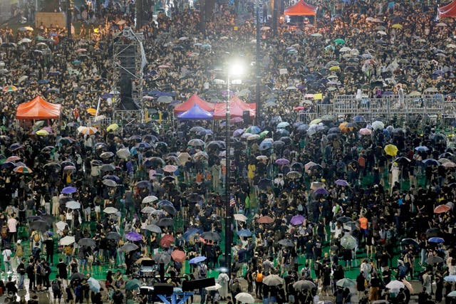 Protesters attend a rally at Victoria Park in Hong Kong