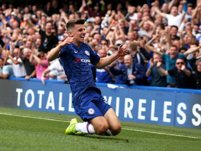 Mason Mount celebrates scoring his first goal for Chelsea